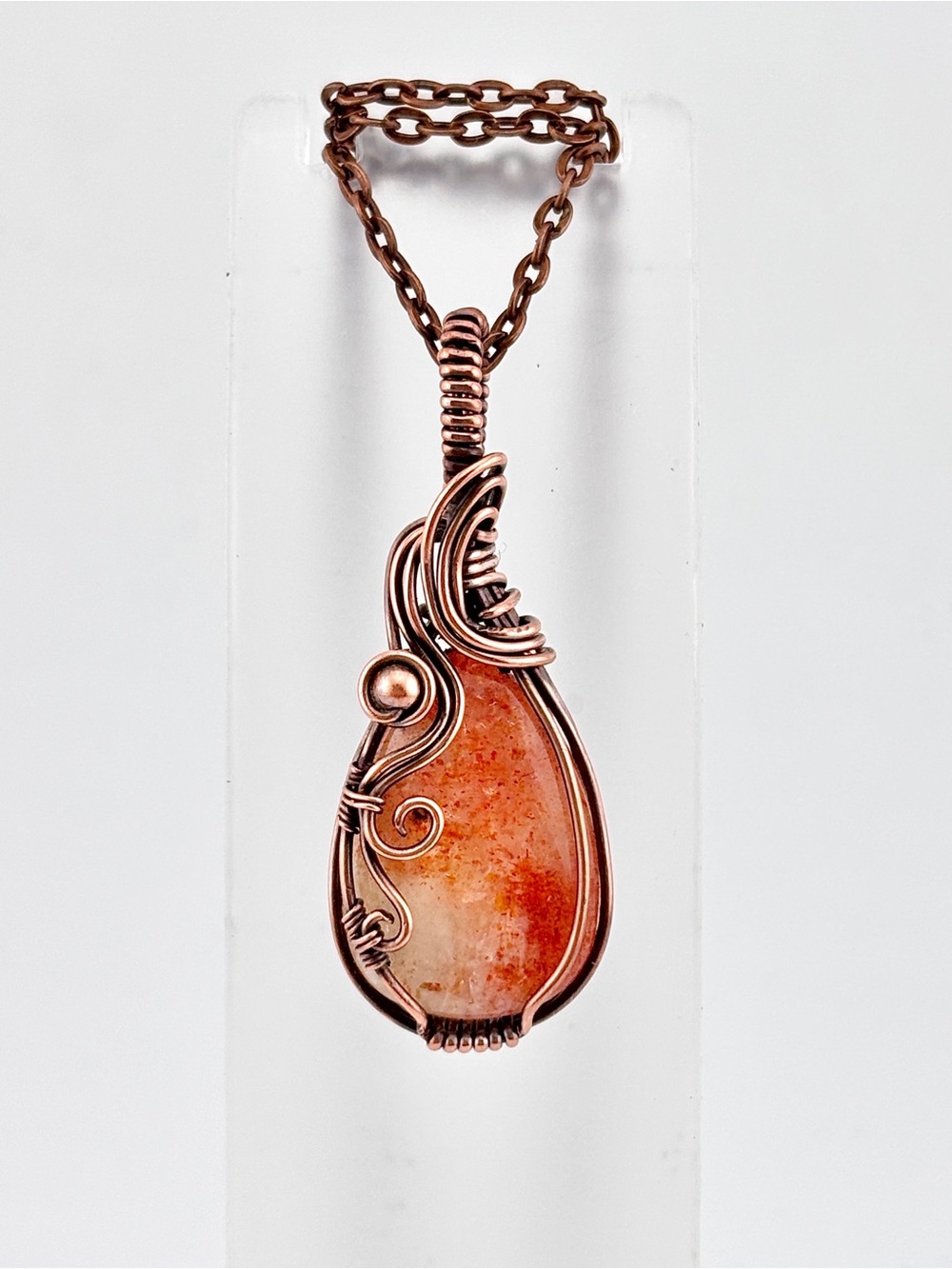 HANDMADE Confetti Sunstone Copper Wire Wrapped Pendant Necklace, Artisan Jewelry